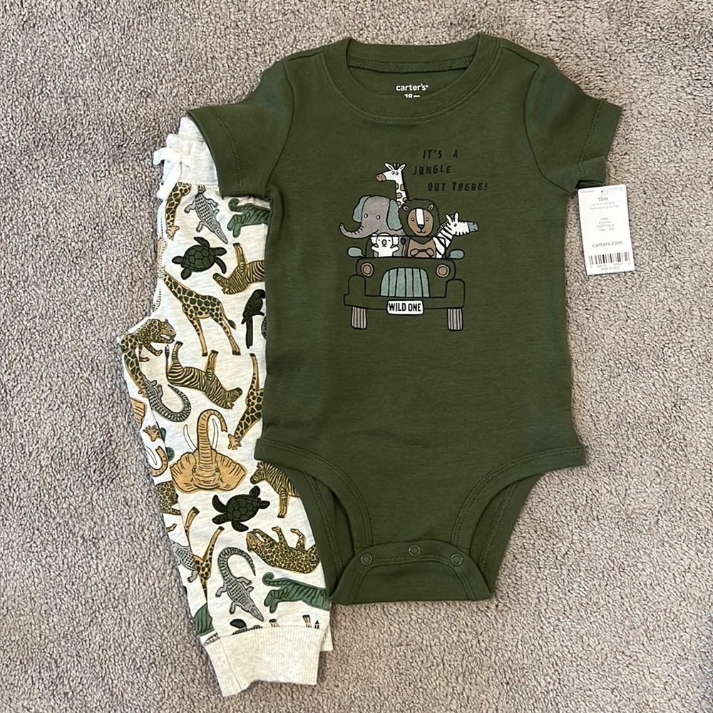 NWT Carters Short Sleeve Sweatpants Bodysuit Set Animal Safari Print